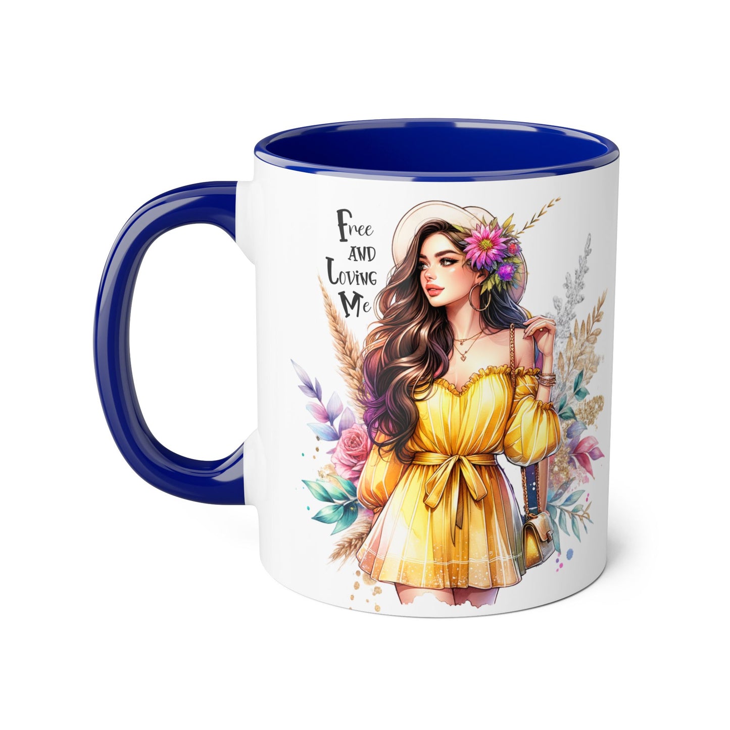 Free and Loving Me Bold Boho Accent Mug, Artistic Coffee Cup, Unique Gift for Women, Inspirational Kitchenware, Floral Design, Birthday Mug