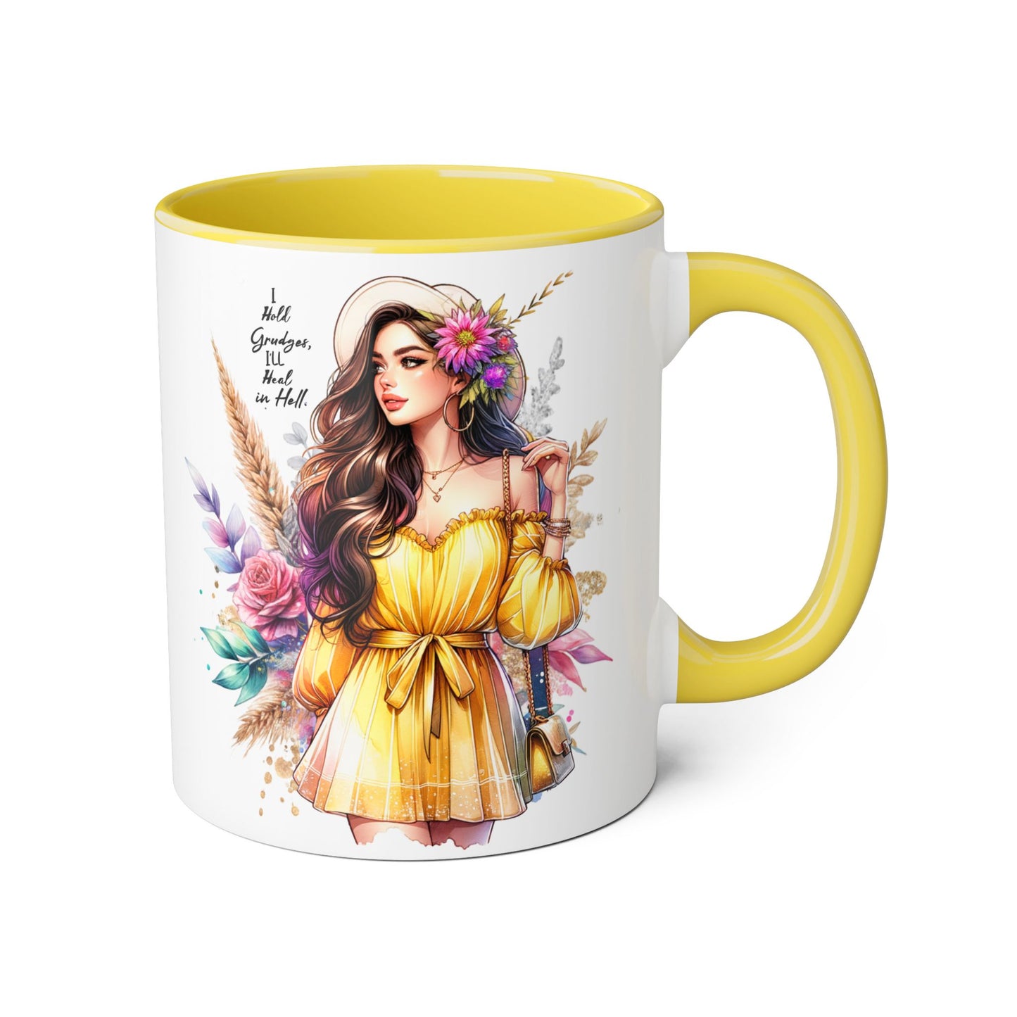 I Hold Grudges, I'll Heal in Hell  Humoristic Bohemian Accent Mug, Colorful Floral Art, Gift for Her, Coffee Lover's Dream, Inspirational Quote