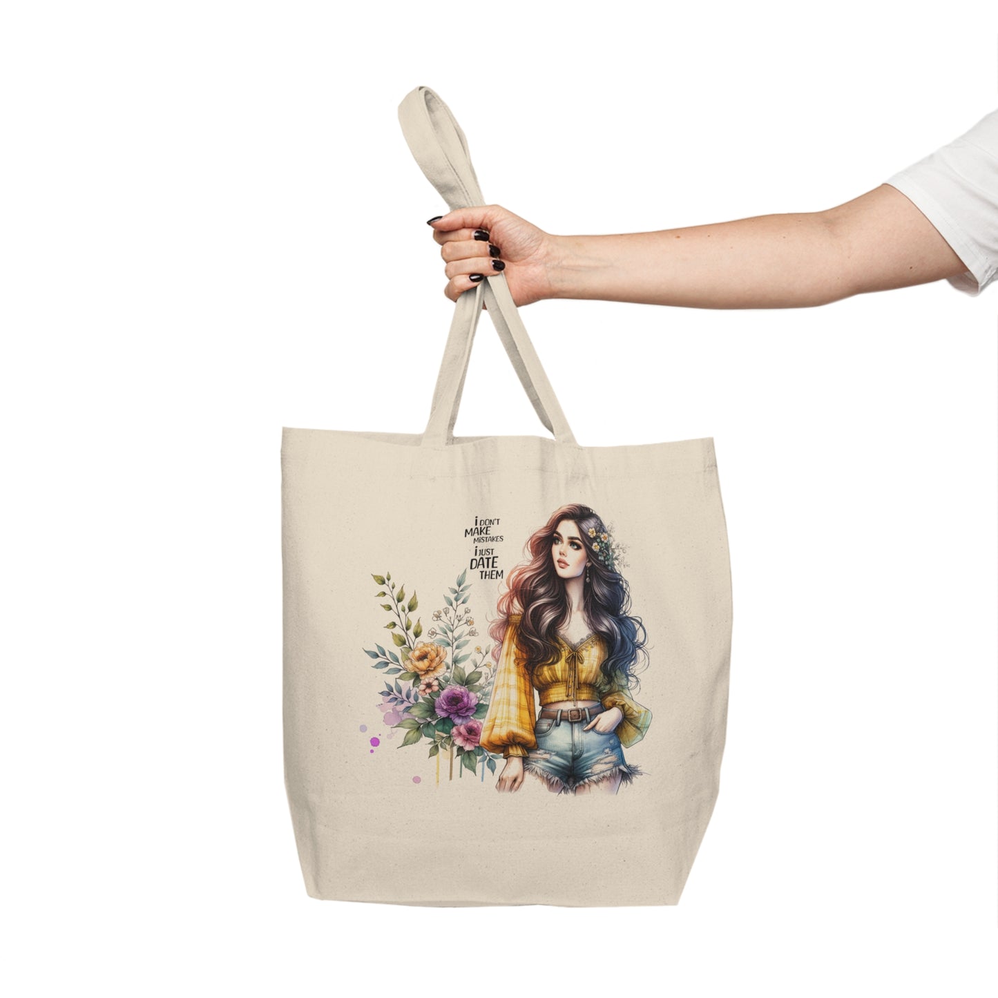 I Don`t Make Mistakes, I Just Date Them Stylish Canvas Tote Bag, Boho Chic Shopping Bag, Floral Design Grocery Tote, Eco-Friendly Reusable Bag, Gift for Her