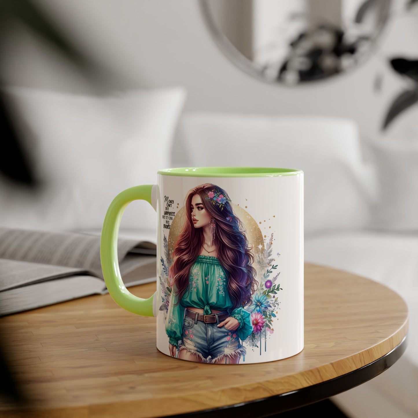 Money Can't Buy Happiness But It Can Buy Divorce Humoristic Inspirational Accent Mug, 11oz Coffee Cup for Boho Lovers, Unique Gift for Women, Flower Art Mug, Home Decor, Birthday Celebration