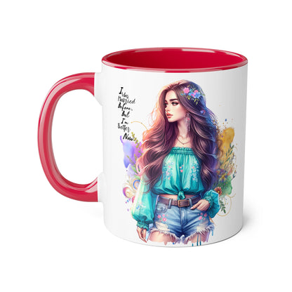 I Was Married Before But I'm Better Now Bohemian Floral Accent Mug, Inspirational Coffee Cup, Gift for Friends, Encouraging Quote, Perfect for Her, Art Lover's Mug