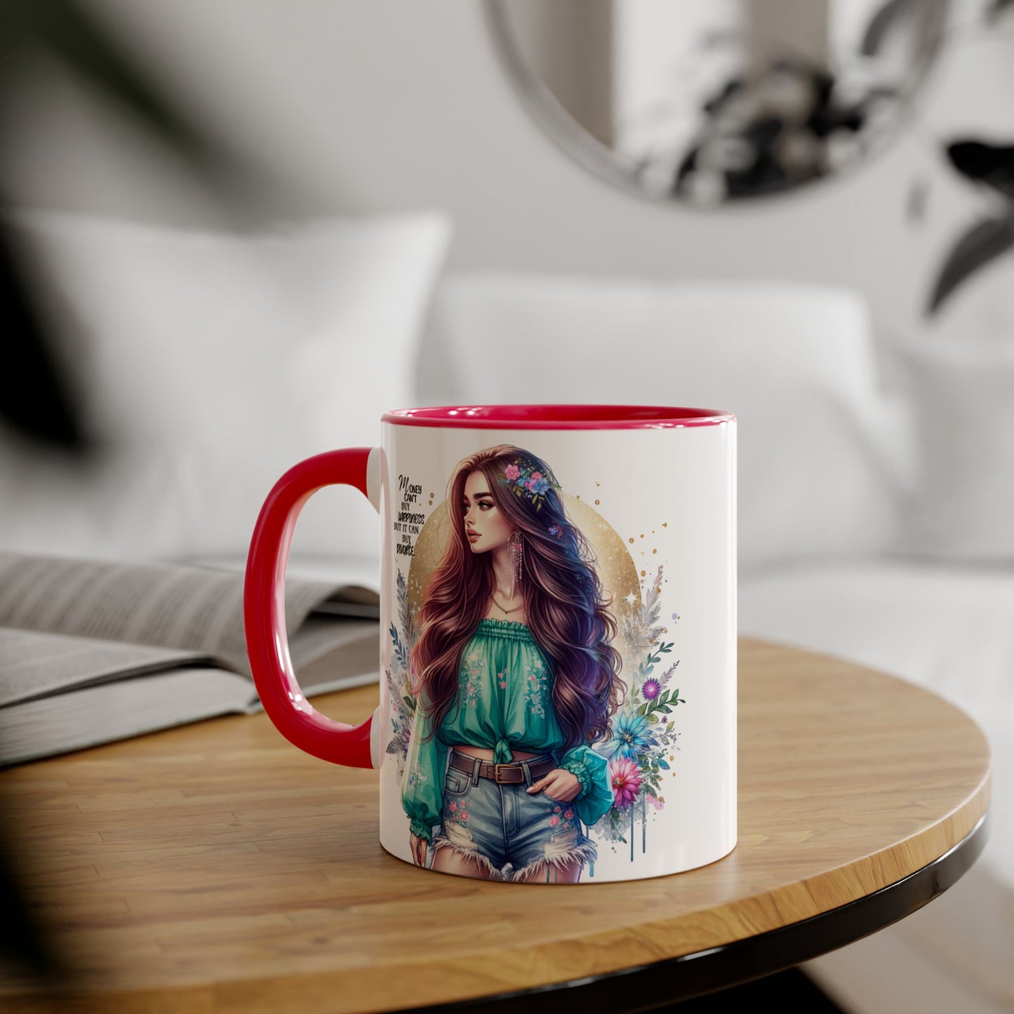 Money Can't Buy Happiness But It Can Buy Divorce Humoristic Inspirational Accent Mug, 11oz Coffee Cup for Boho Lovers, Unique Gift for Women, Flower Art Mug, Home Decor, Birthday Celebration