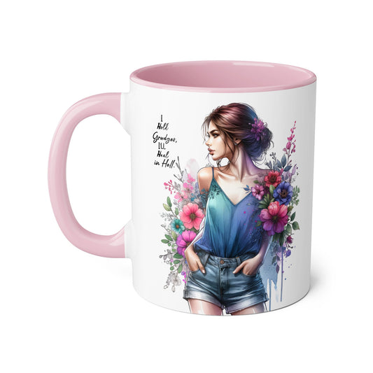 I Hold Grudges, I'll Heal in Hell  Humoristic Floral Accent Mug, 11oz Coffee Cup for Grandma, Gift for Her, Birthday Present, Mother's Day, Home Decor, Floral Design
