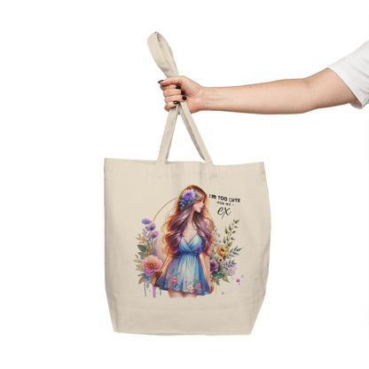 I'm Too Cute For My Ex  Floral Canvas Tote Bag, Reusable Grocery Bag, Eco-Friendly Shopping Tote, Gift for Her, Funny Ex Quotes
