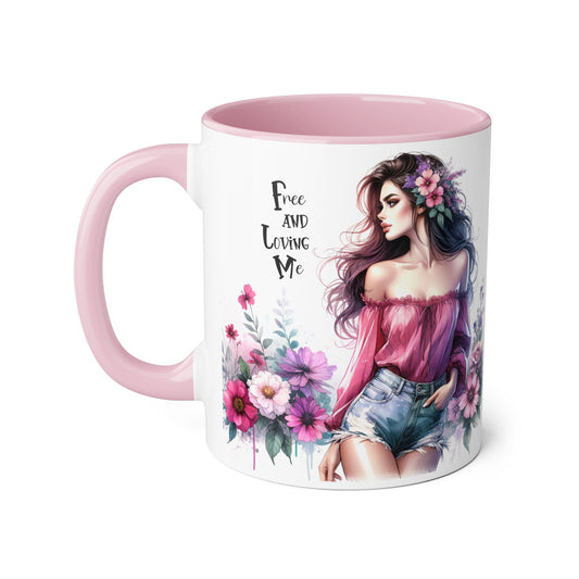Floral Bohemian Accent Mug - Free and Loving Me Design, Coffee Cup Gift, Mother's Day Present, Home Decor, Art Drinkware