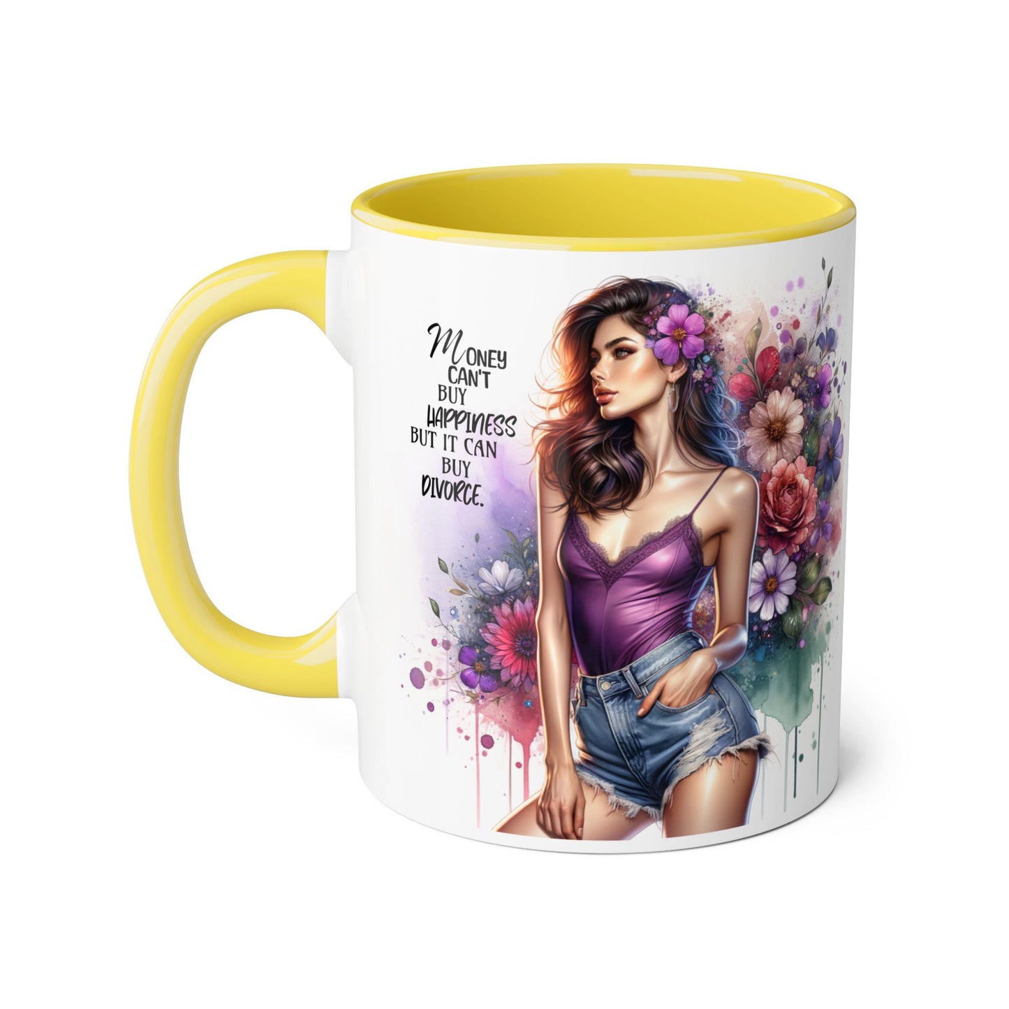 Money Can't Buy Happiness But It Can Buy Divorce Humoristic Floral Inspirational Accent Mug, Fun Coffee Cup for Mom, Unique Gift for Her, Coffee Lovers, Motivational Quotes Mug