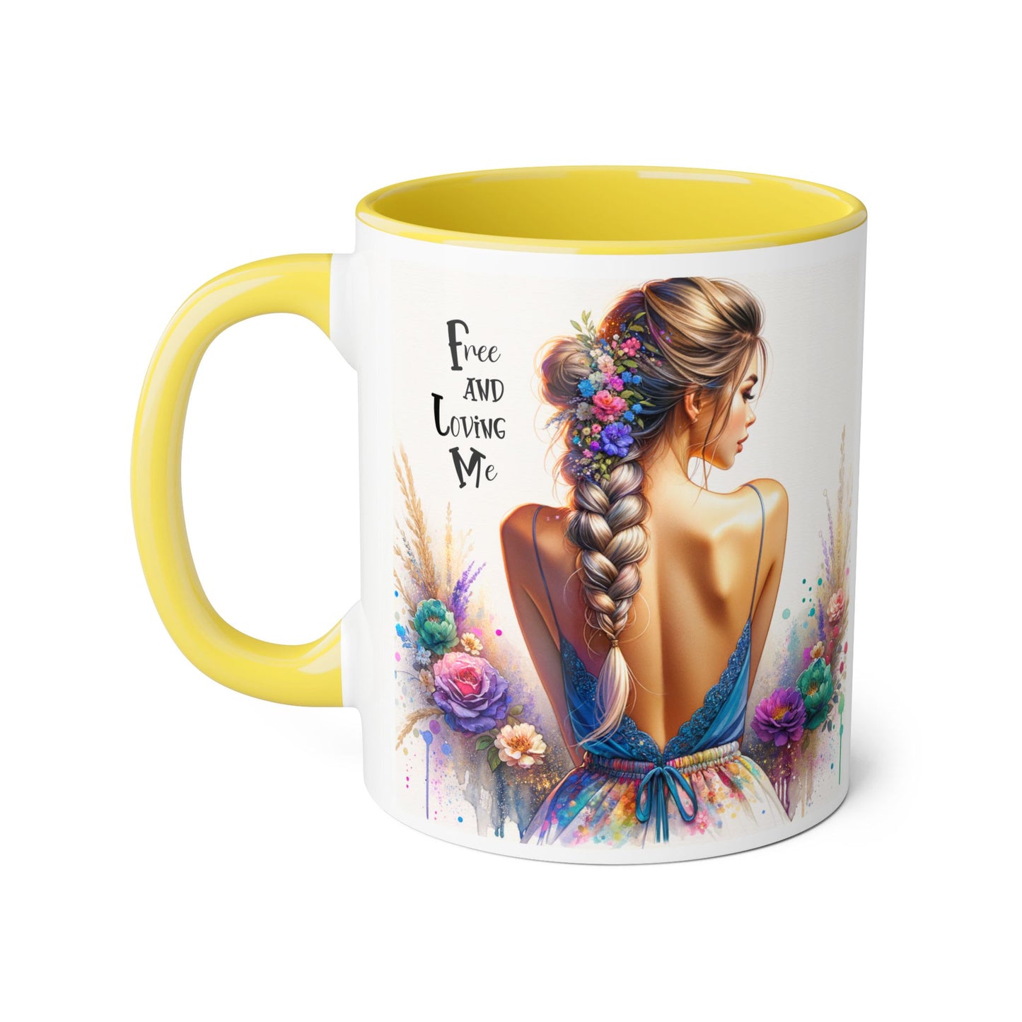 Free and Loving Me Floral Freedom Accent Mug - Inspirational Coffee Cup, Gift for Her, Artist Mug, Tea Lover's Cup, Home Decor
