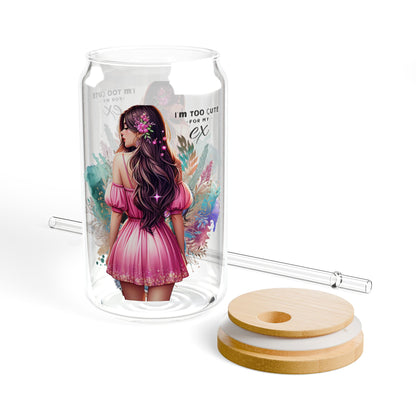 I'm Too Cute For My Ex Enchanting Floral Sipper Glass, Stylish Drinkware for Parties, Eco-Friendly, Personalized Gift, Perfect for Summer Celebrations
