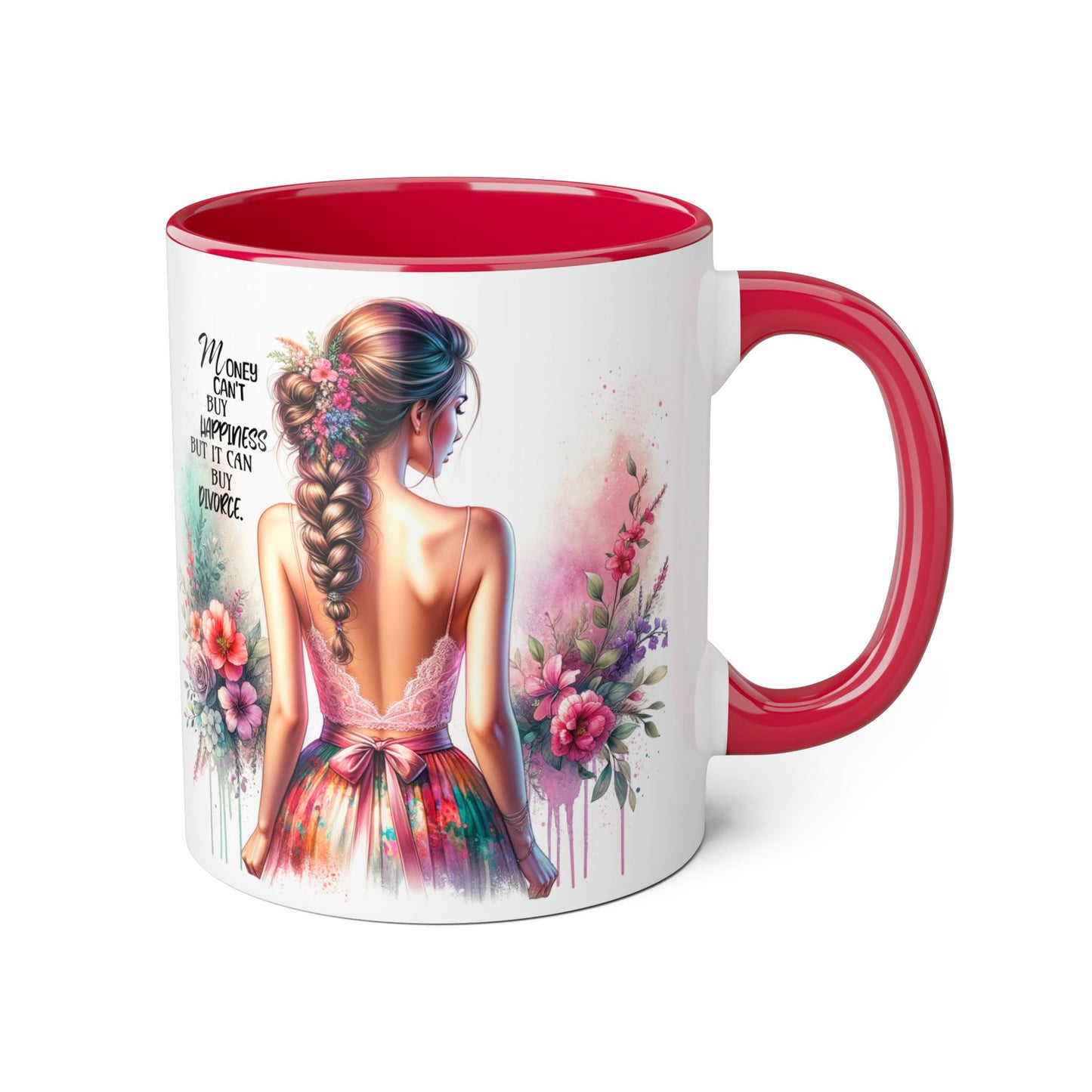Money Can't Buy Happiness But It Can Buy Divorce Humoristic Colorful Women Empowerment Accent Mug - Inspirational Gift, Motivational Coffee Cup, Floral Design, Art Lover, Birthday Present