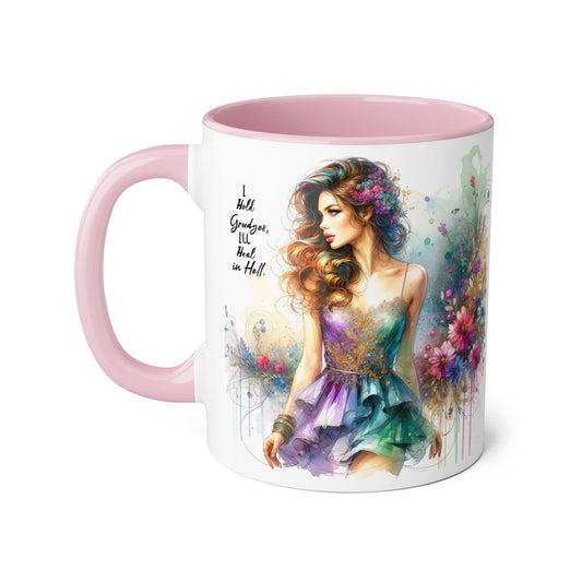 I Hold Grudges, I'll Heal in Hell Artistic Accent Mug, Inspirational Gift for Her, Colorful Flower Design, Unique Coffee Cup, Perfect for Birthdays, Art Lovers' Mug