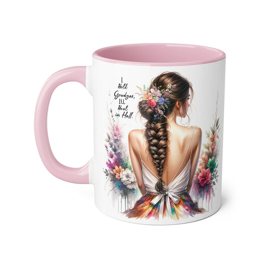 I Hold Grudges, I'll Heal in Hell Floral Art Accent Mug, Coffee Cup Gift, Inspirational Drinkware, Home Decor, Unique Present for Friends
