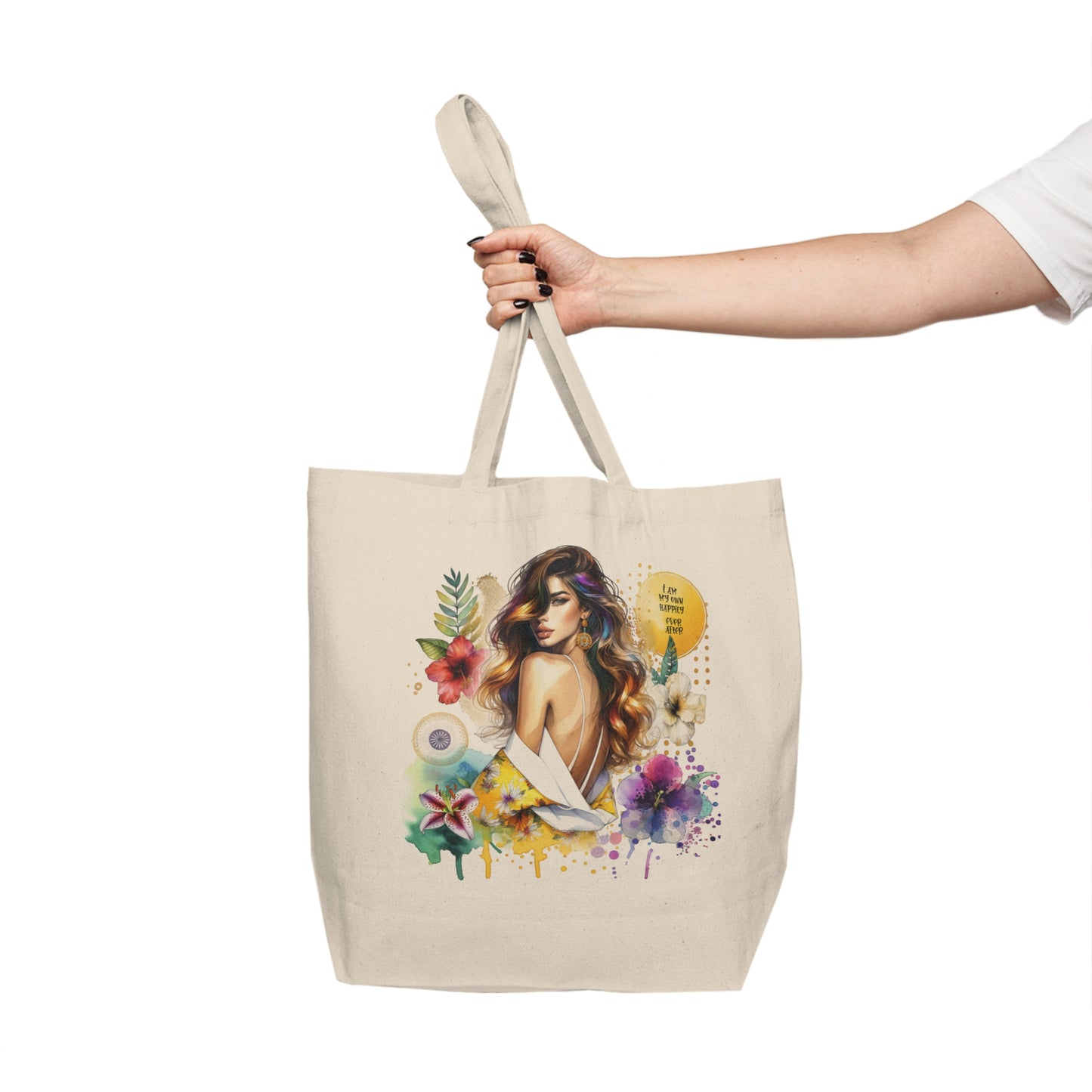 I Am My Own Happily Ever  After Beautiful Floral Canvas Shopping Tote Bag, Eco-Friendly, Reusable Grocery Bag, Perfect for Gifts, Beach or Everyday Use