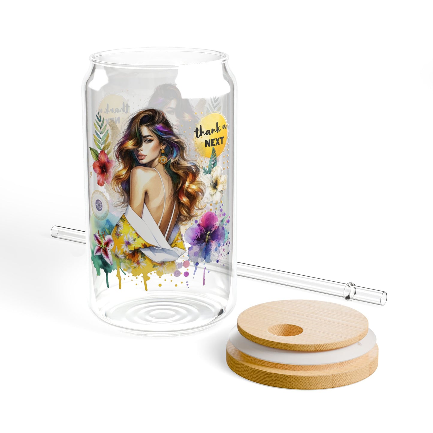 Thank U, Next Chic Sipper Glass | 16oz Floral Art Drinkware, Stylish Water Bottle, Eco-Friendly Straw Cup, Gift for Her, Tropical Vibes