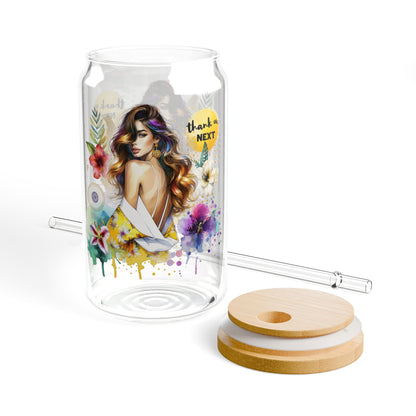 Thank U, Next Chic Sipper Glass | 16oz Floral Art Drinkware, Stylish Water Bottle, Eco-Friendly Straw Cup, Gift for Her, Tropical Vibes