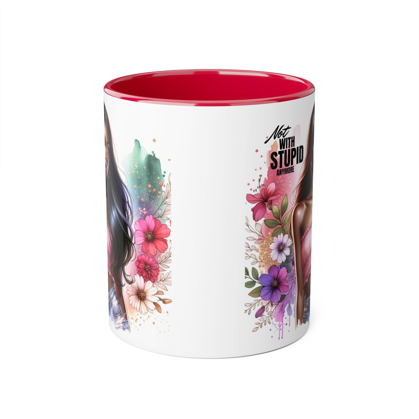 Not With Stupid Anymore Humoristic Bold Floral Accent Mug, Unique Coffee Cup, Gift for Friends, Inspirational Design, Beautiful Mug for Every Occasion