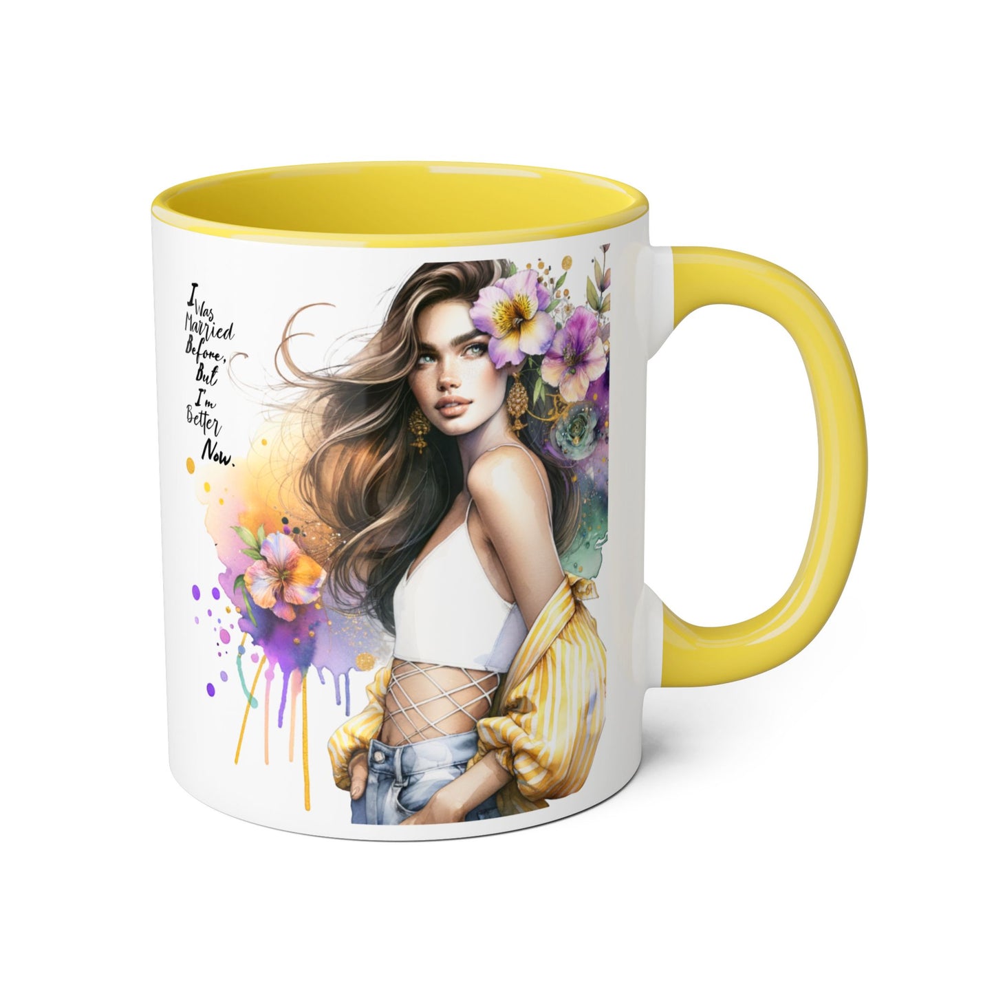 I Was Married Before But I'm Better Now Humoristic Artistic Accent Mug, Coffee Cup for Inspiration, Floral Design, Gift for Friends, Birthday, Home Decor, Motivational Drinkware