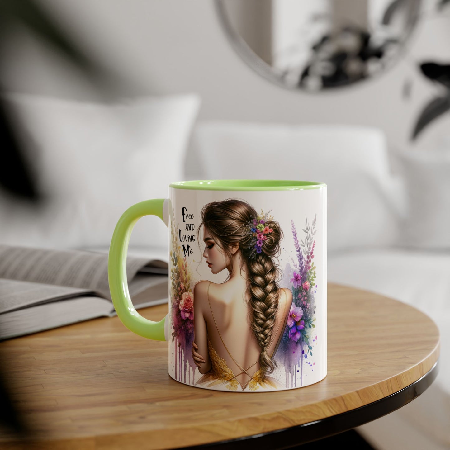 Bohemian Inspirational Mug, Free and Loving Me Coffee Cup, Unique Gift for Her, Floral Design, Tea Lover's Mug, Vintage Style Drinkware