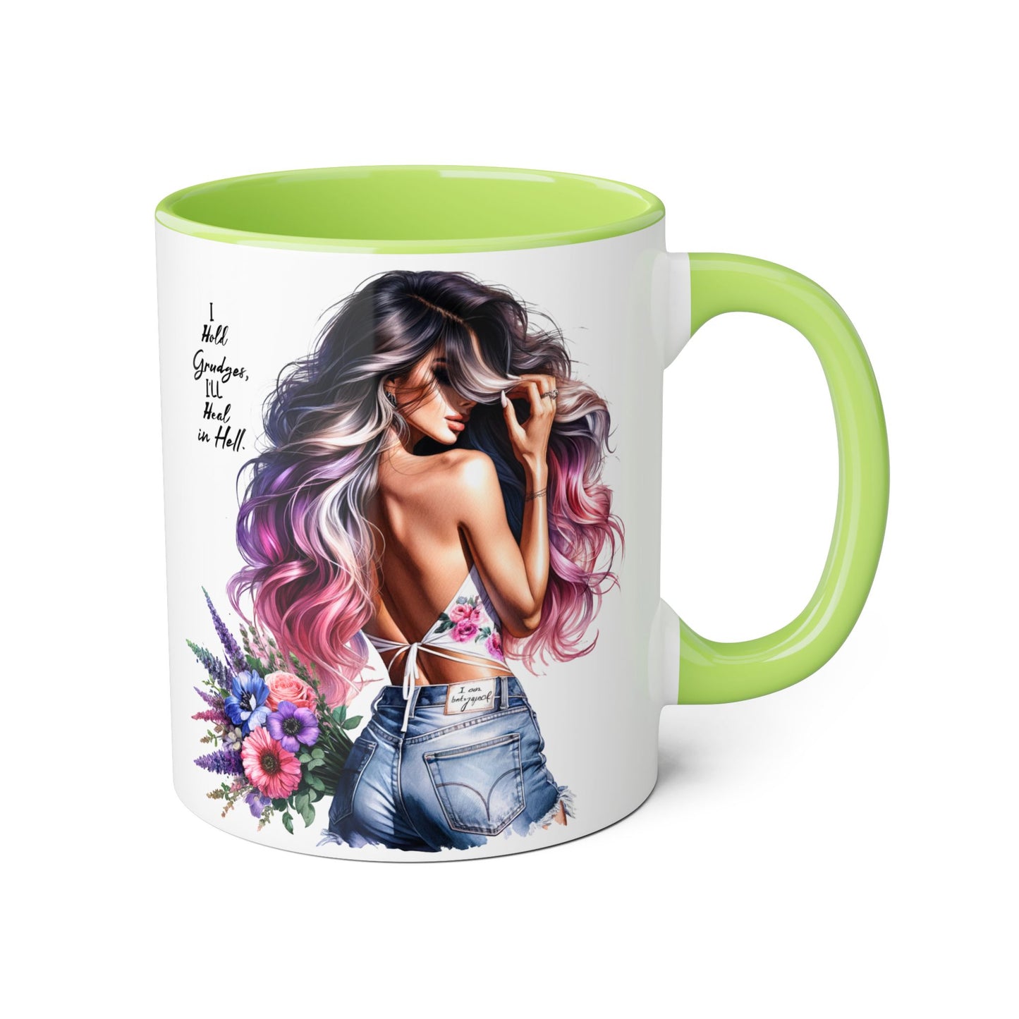I Hold Grudges, I'll Heal in Hell  Humoristic Inspirational Accent Mug, Cute Girlfriend Gift, Black & White Coffee Cup, Floral Design, Unique Home Decor, Art Lover's Accessory