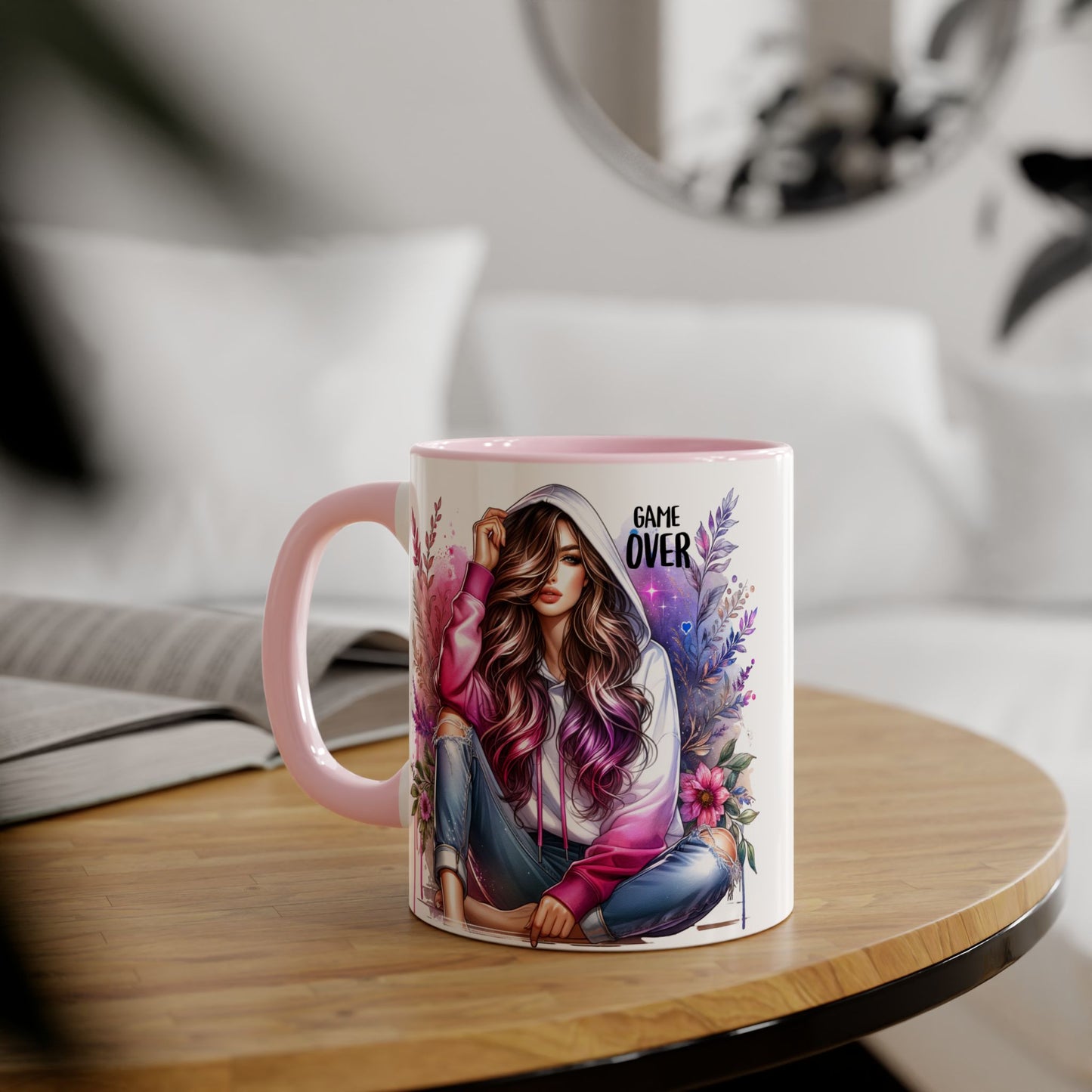 Stylish Gamer Mug, Game Over Coffee Cup, Floral Art Drinkware, Cute Gift for Gamers, Trendy Ceramic Tea Mug