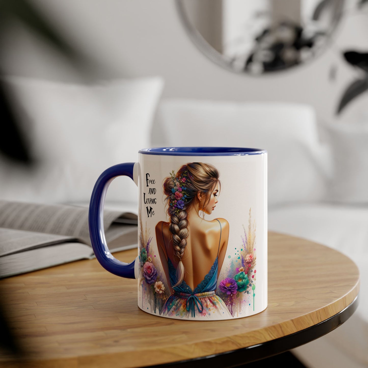 Free and Loving Me Floral Freedom Accent Mug - Inspirational Coffee Cup, Gift for Her, Artist Mug, Tea Lover's Cup, Home Decor