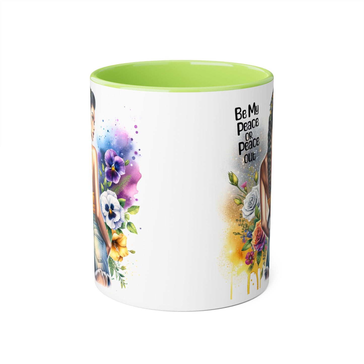 Artistic Black Handle Mug with Inspirational Message, Be My Peace or Peace Out, Unique Gift for Coffee Lovers, Colorful Floral Design, [...]