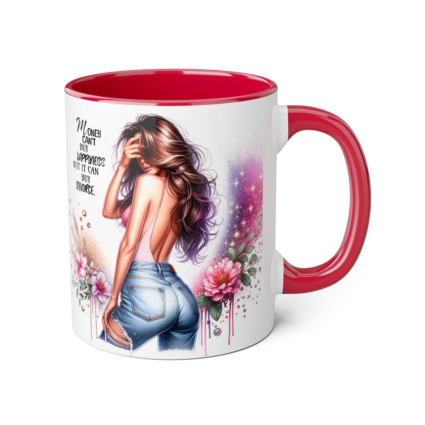 Money Can't Buy Happiness But It Can Buy Divorce Humoristic Stylish Woman's Accent Mug, Empowering Gift for Friends, Inspirational Coffee Cup, Perfect for Birthdays, Relaxing Moments