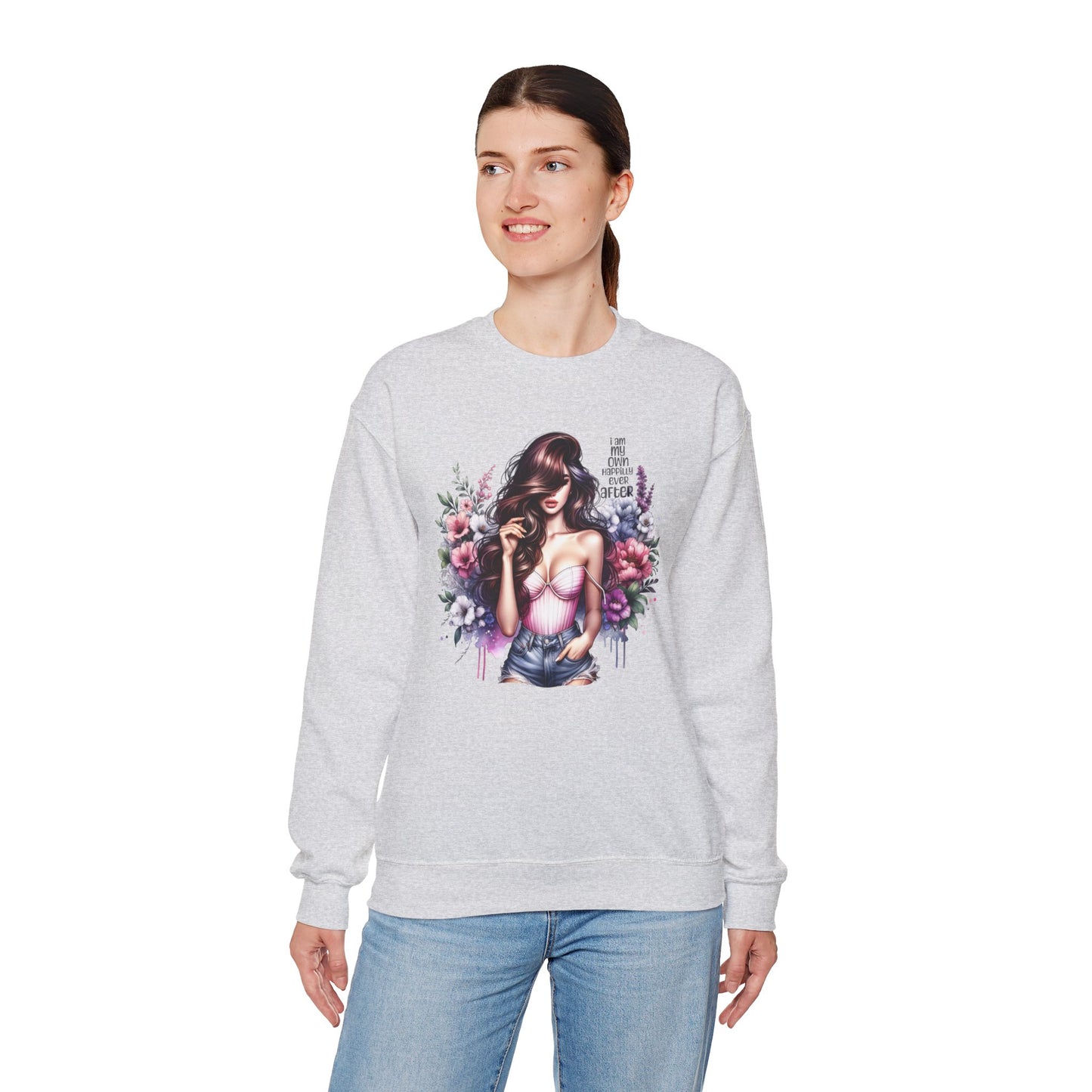 I Am My Own Happily Ever After  Floral Goddess Crewneck Sweatshirt, Cozy Women's Apparel, Boho Style, Gift for Her, Trendy Sweatshirt, Chic Layering Piece