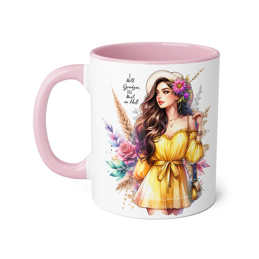 I Hold Grudges, I'll Heal in Hell  Humoristic Bohemian Accent Mug, Colorful Floral Art, Gift for Her, Coffee Lover's Dream, Inspirational Quote