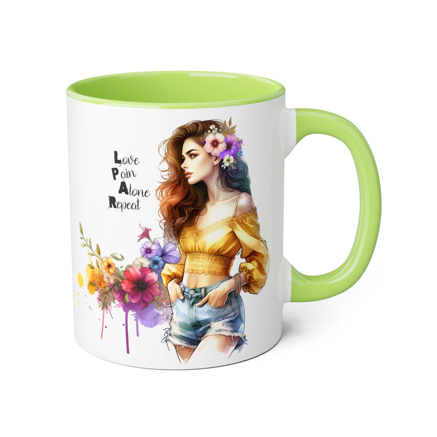 Colorful Floral Accent Mug, Love Pain Alone Repeat, Inspirational Coffee Cup, Gift for Friends, Art Lover Mug