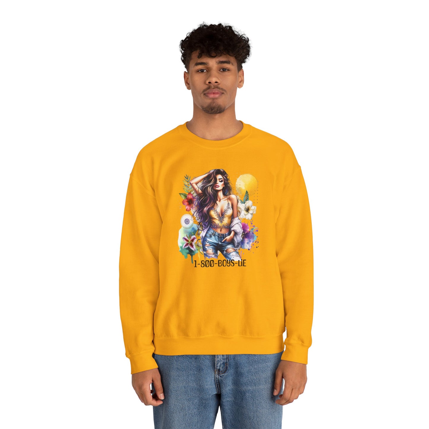 1-800-Boys-Lie Boho Chic Crewneck Sweatshirt with Floral Design, Unisex Gift, Self-Love Apparel, Cozy Casual Wear, Perfect for Relaxation