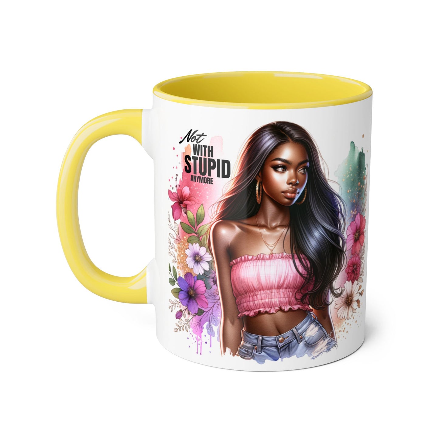 Not With Stupid Anymore Humoristic Bold Floral Accent Mug, Unique Coffee Cup, Gift for Friends, Inspirational Design, Beautiful Mug for Every Occasion