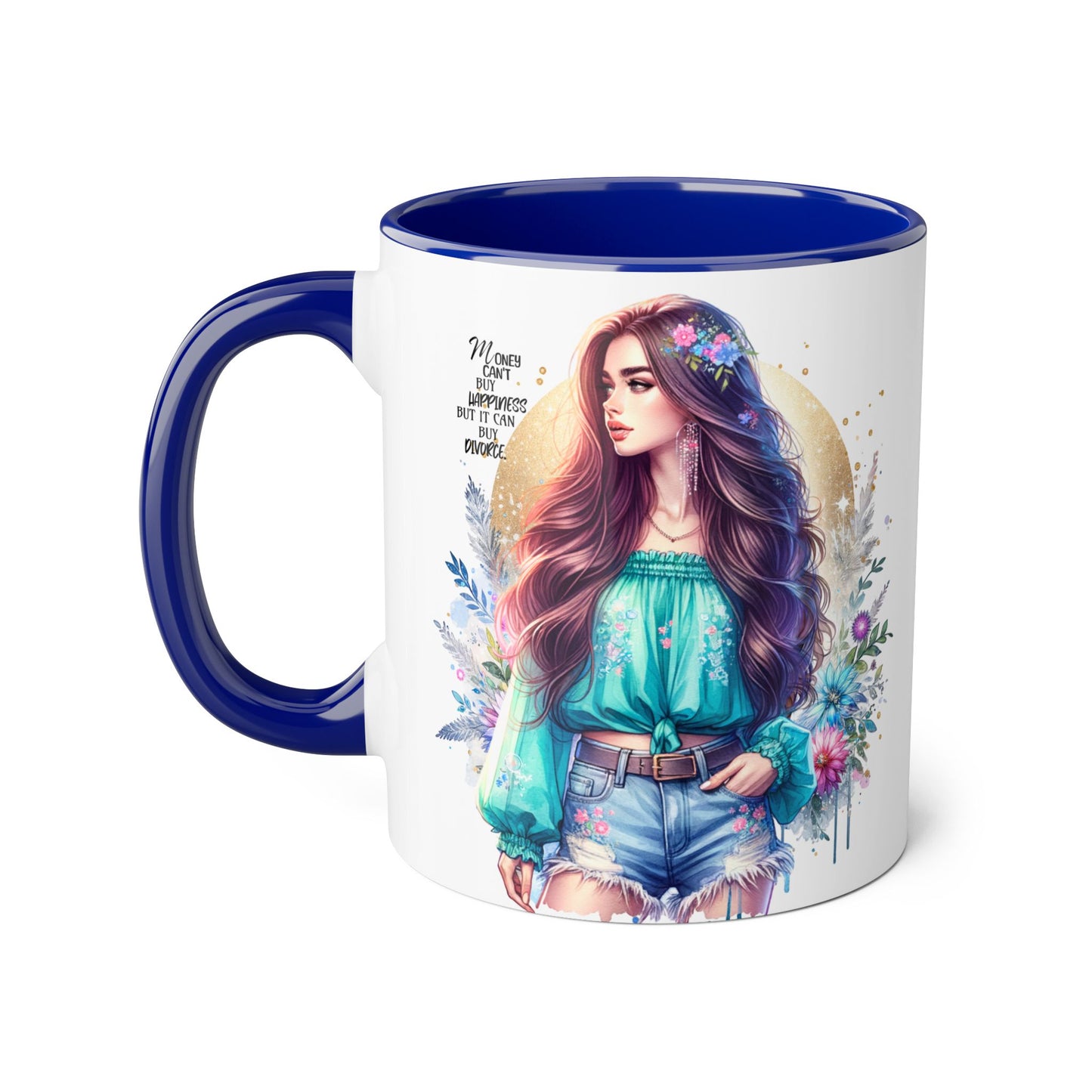 Money Can't Buy Happiness But It Can Buy Divorce Humoristic Inspirational Accent Mug, 11oz Coffee Cup for Boho Lovers, Unique Gift for Women, Flower Art Mug, Home Decor, Birthday Celebration