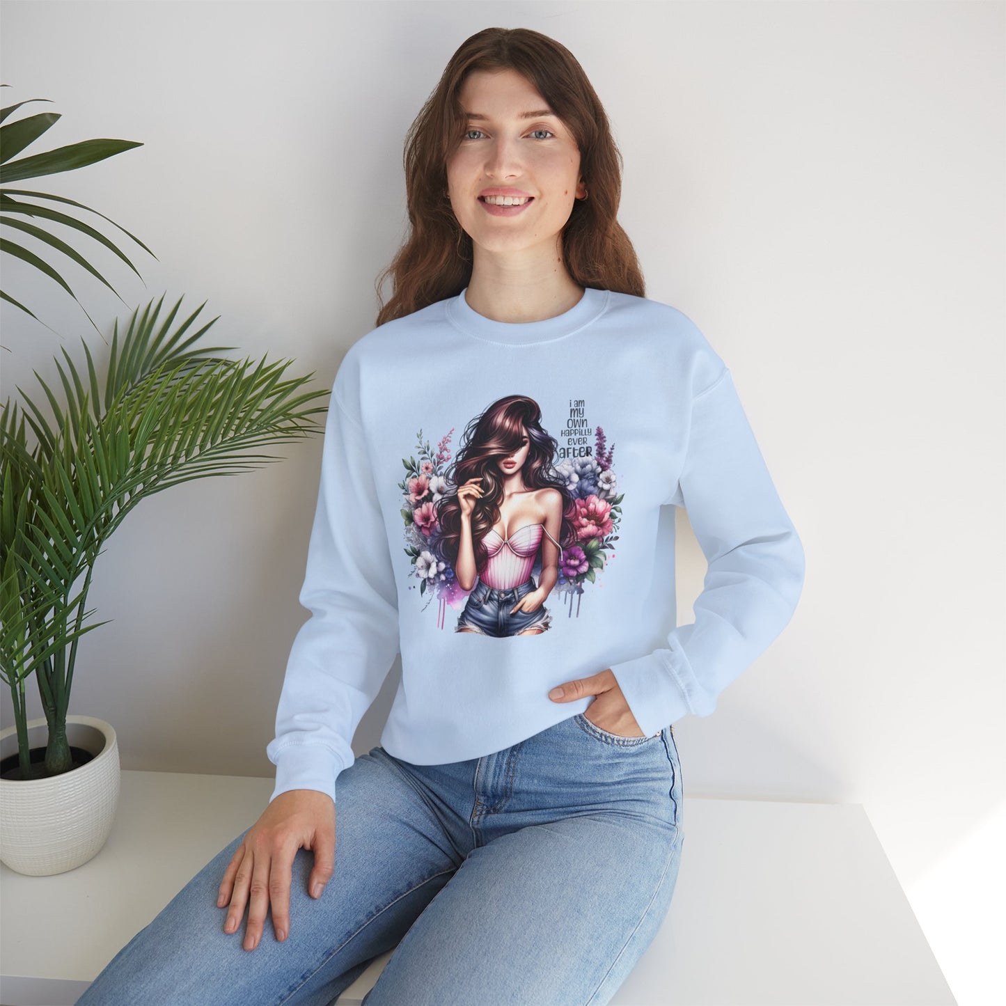 I Am My Own Happily Ever After  Floral Goddess Crewneck Sweatshirt, Cozy Women's Apparel, Boho Style, Gift for Her, Trendy Sweatshirt, Chic Layering Piece