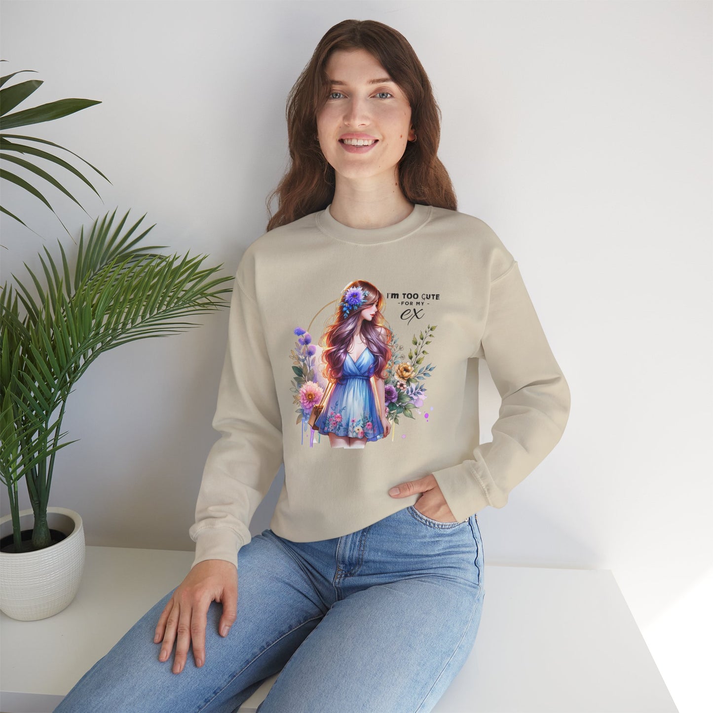 I'm Too Cute For My Ex Floral Illustration Sweatshirt, Cozy Unisex Crewneck, Perfect for Gifts, Casual Wear, Vibrant Art Pullover, Everyday Comfort