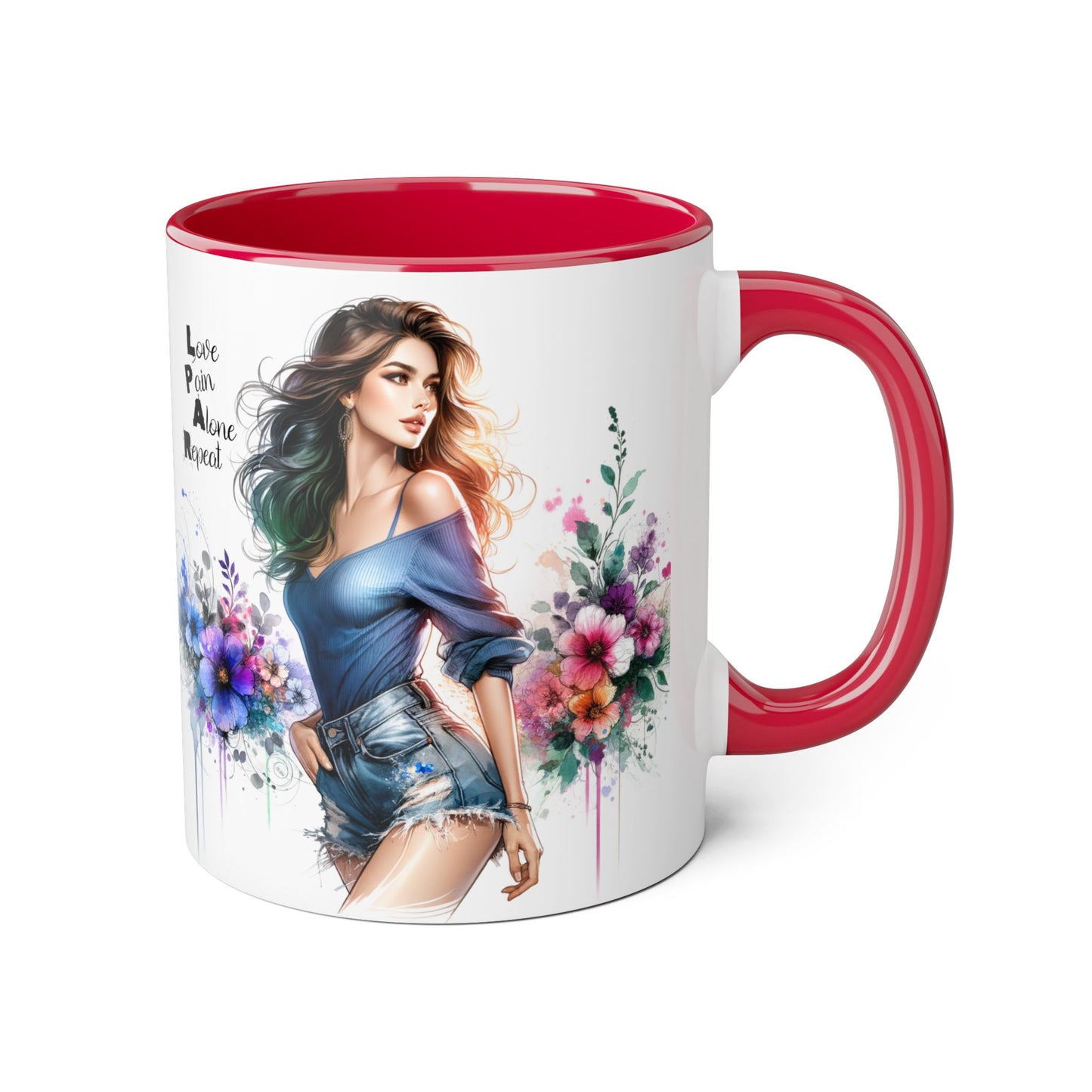 Stylish Accent Mug, Love Pain Alone Repeat Mug, Floral Design Coffee Cup, Gift for Her, Motivational Drinkware