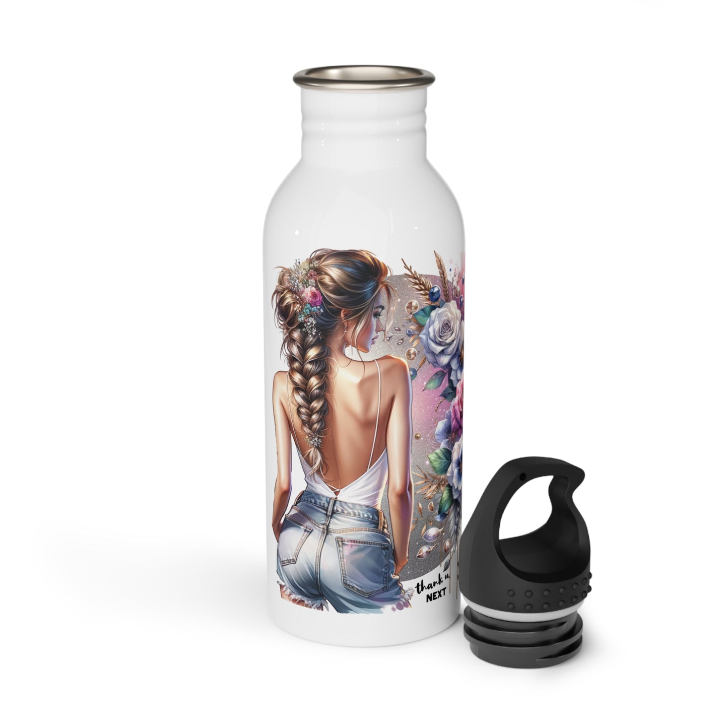 Thank U, Next Chic Floral Water Bottle, Motivational Drinkware, Eco-Friendly Stainless Steel, Fitness Hydration, Unique Gift for Her