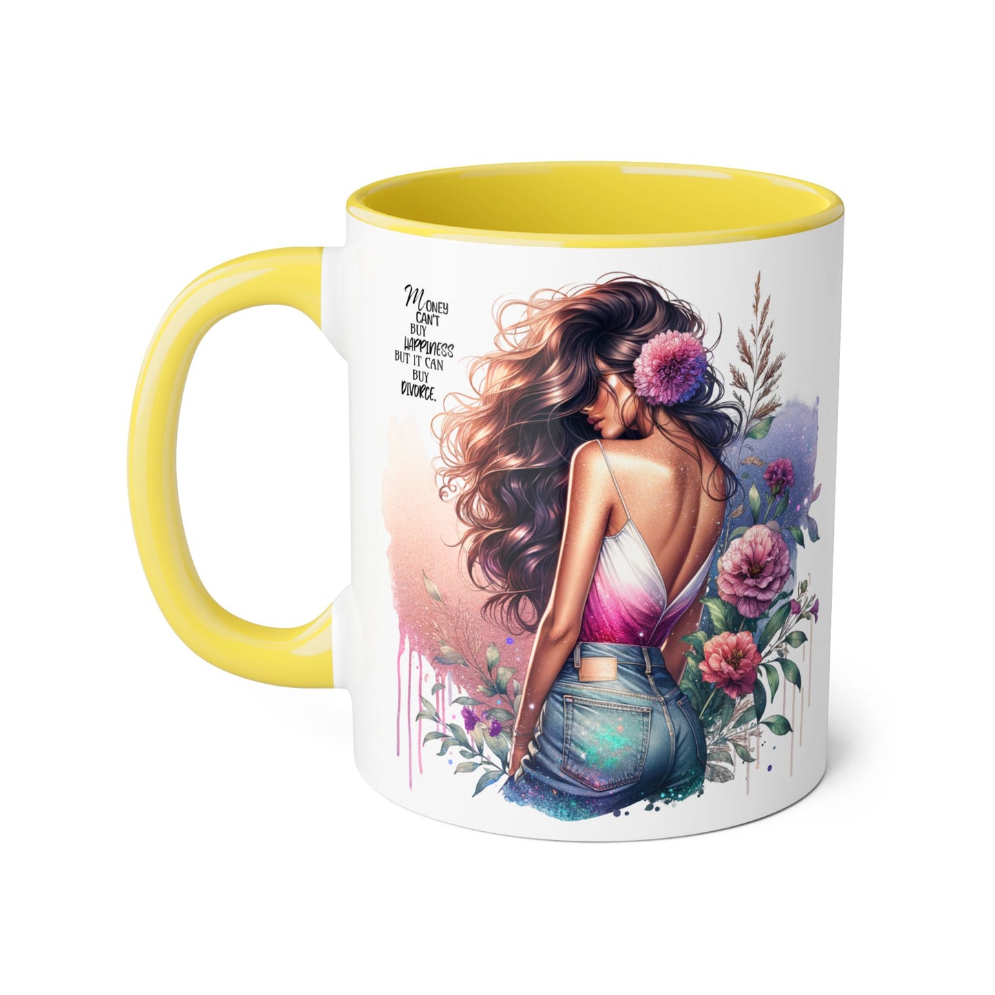 Money Can't Buy Happiness But It Can Buy Divorce Humoristic Elegant Floral Accent Mug, Inspirational Coffee Cup for Women, Motivational Gift, Artful Drinkware for Home & Office