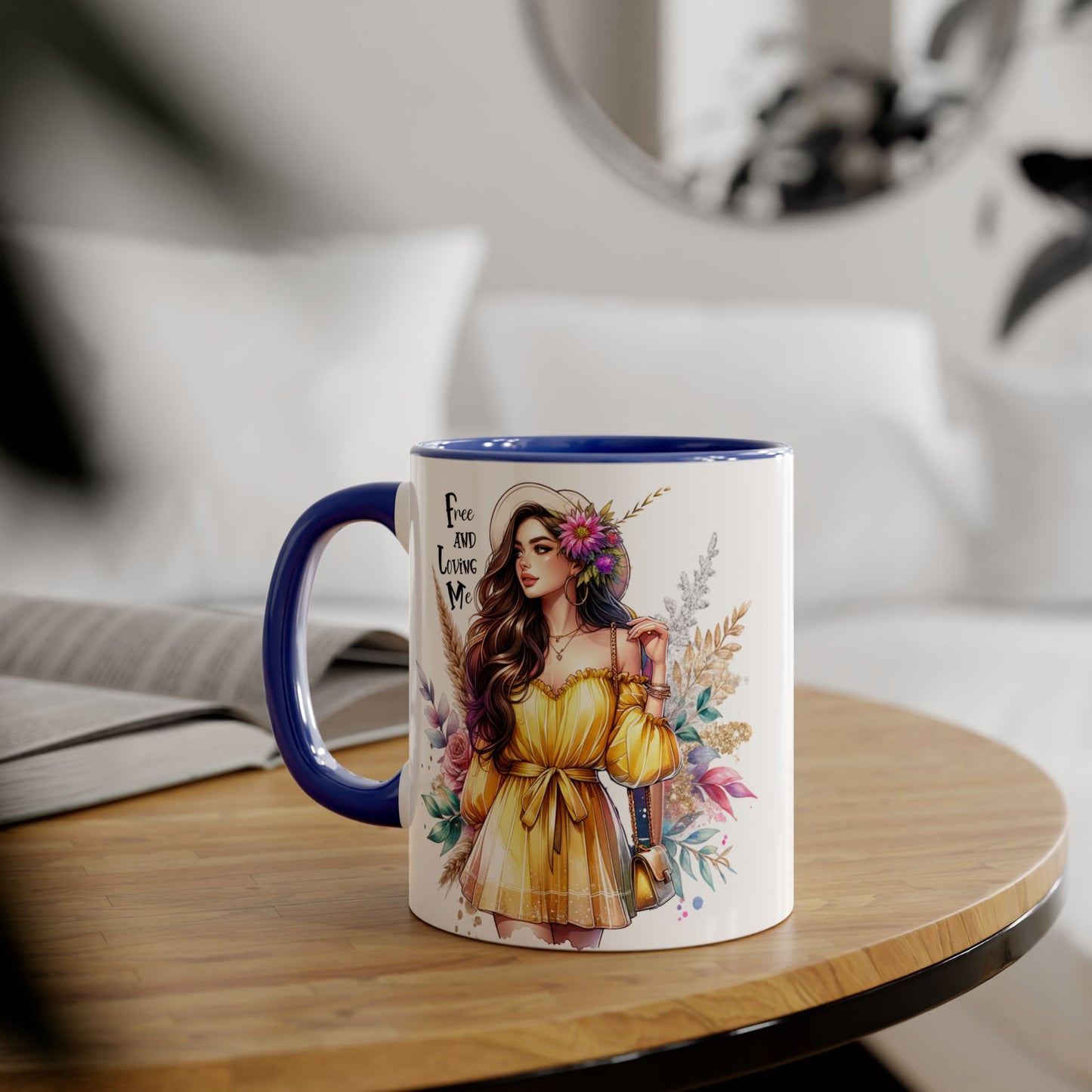 Free and Loving Me Bold Boho Accent Mug, Artistic Coffee Cup, Unique Gift for Women, Inspirational Kitchenware, Floral Design, Birthday Mug