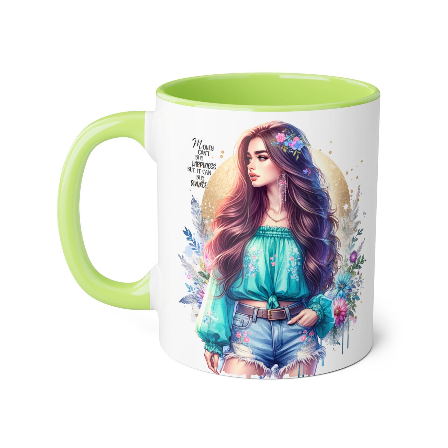 Money Can't Buy Happiness But It Can Buy Divorce Humoristic Inspirational Accent Mug, 11oz Coffee Cup for Boho Lovers, Unique Gift for Women, Flower Art Mug, Home Decor, Birthday Celebration