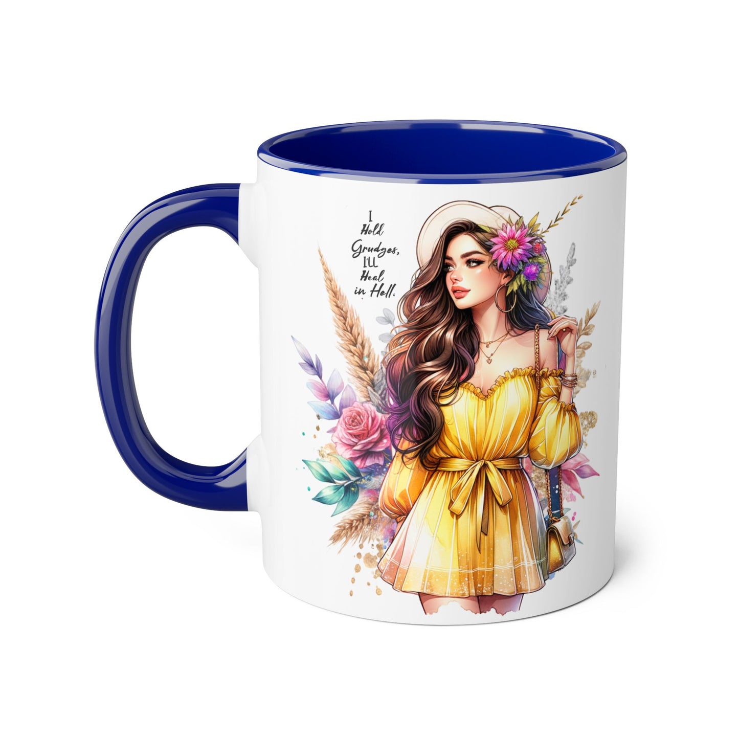 I Hold Grudges, I'll Heal in Hell  Humoristic Bohemian Accent Mug, Colorful Floral Art, Gift for Her, Coffee Lover's Dream, Inspirational Quote