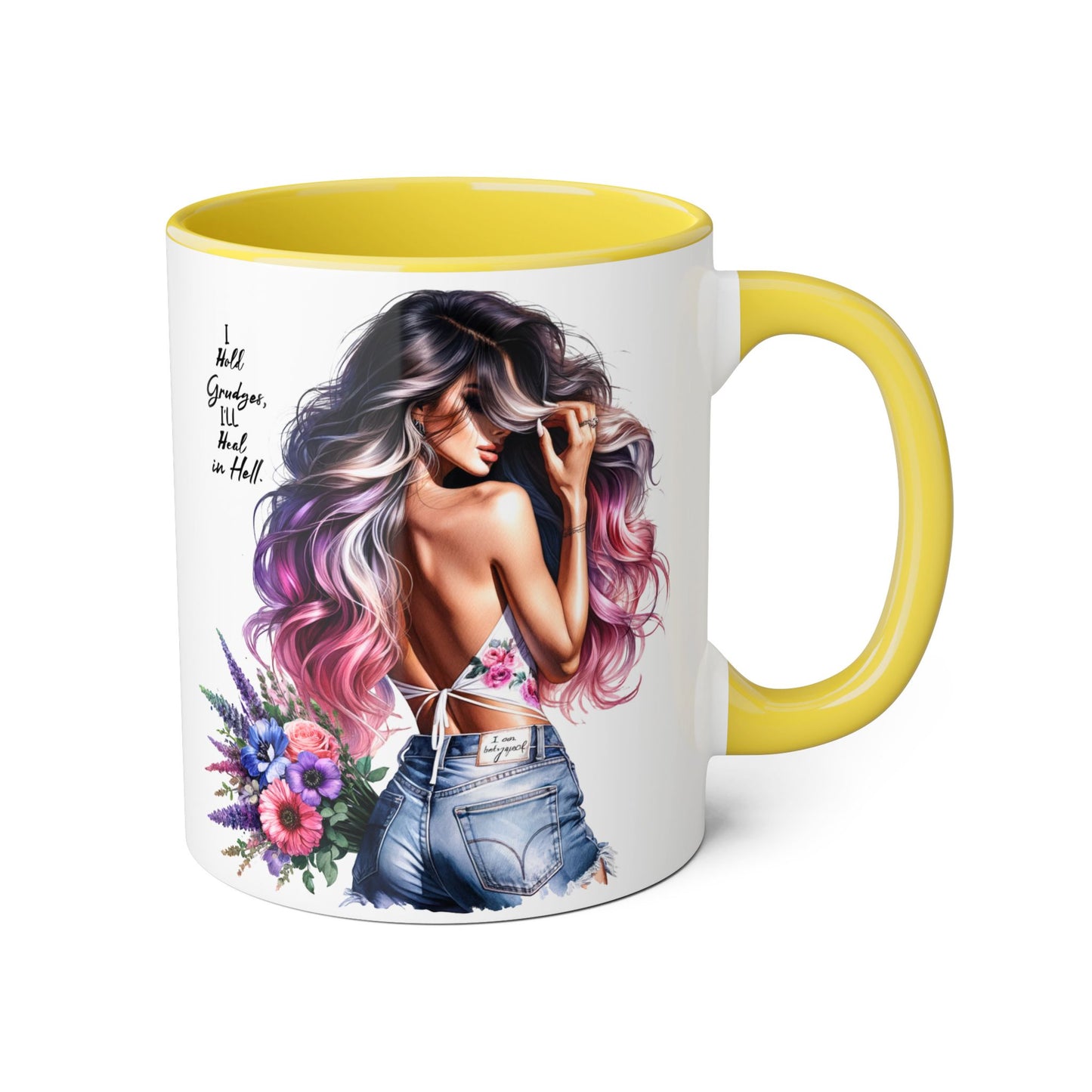 I Hold Grudges, I'll Heal in Hell  Humoristic Inspirational Accent Mug, Cute Girlfriend Gift, Black & White Coffee Cup, Floral Design, Unique Home Decor, Art Lover's Accessory