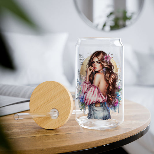 I Am My Own Happily Ever After Artistic Sipper Glass with Straw - 16oz, Personalized Drinkware for Party, Home, Summer, Cute Gift for Her, Floral Design