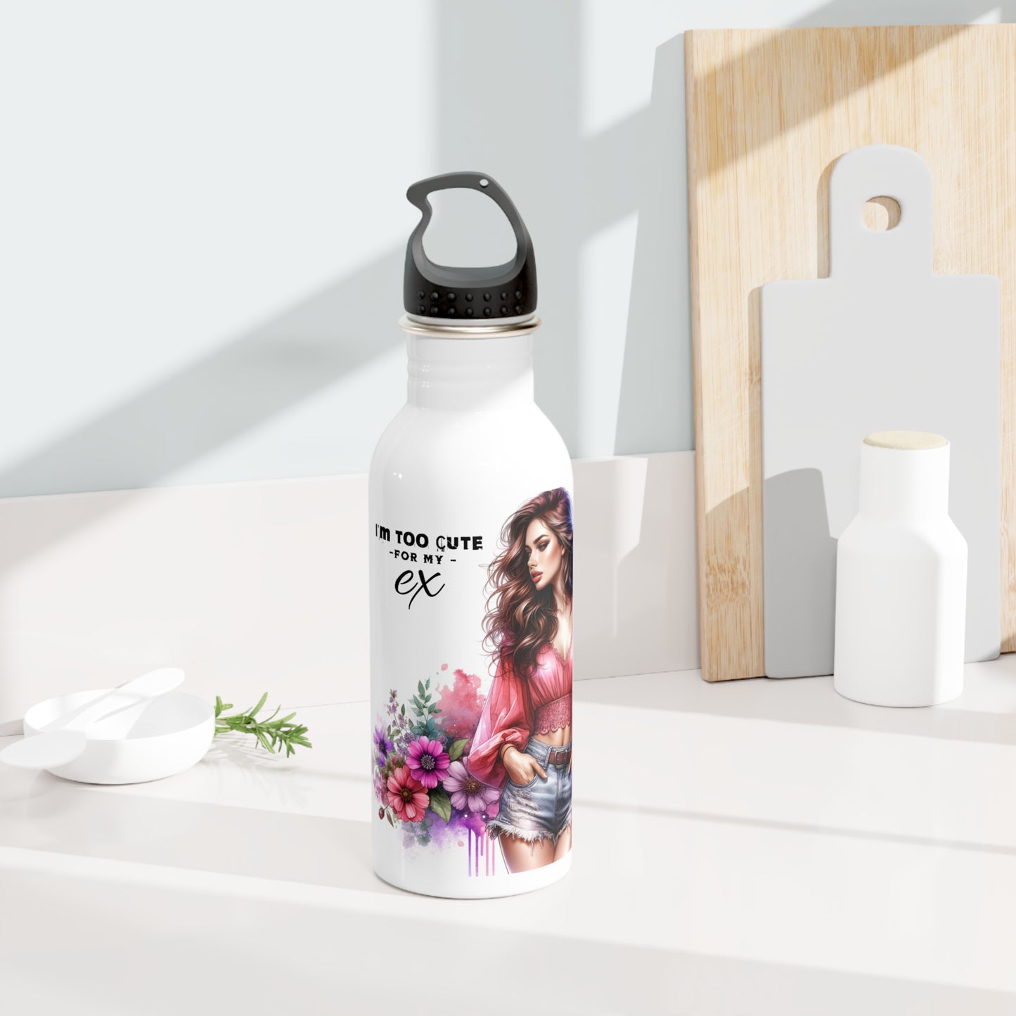 I'm Too Cute For My Ex Stylish Stainless Steel Water Bottle, Cute Ex Gift, Floral Water Bottle, Trendy Hydration, Fitness Accessory, Unique Gift Idea