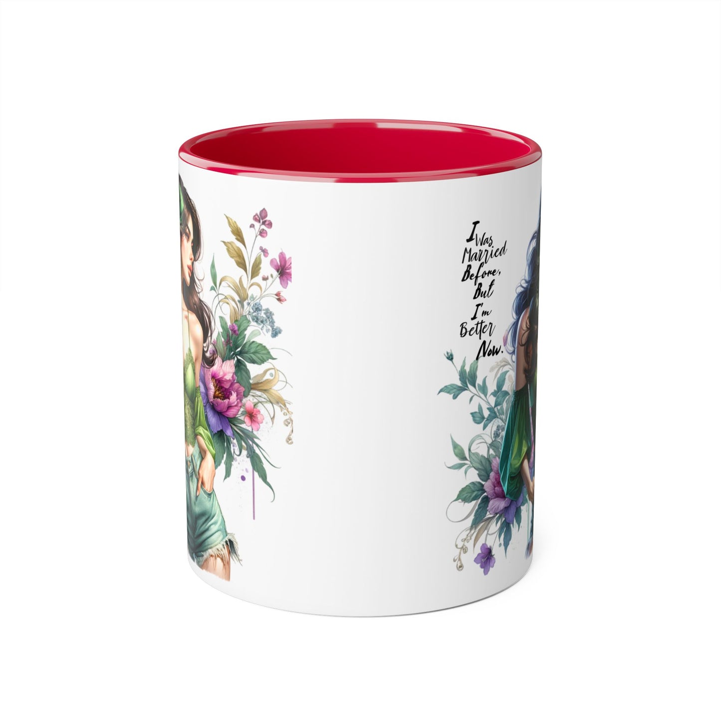 I Was Married Before But I'm Better Now Humoristic Floral Goddess Accent Mug, Inspirational Coffee Cup, Gift for Her, Boho Chic Drinkware, Unique Art Mugs, Home Decor