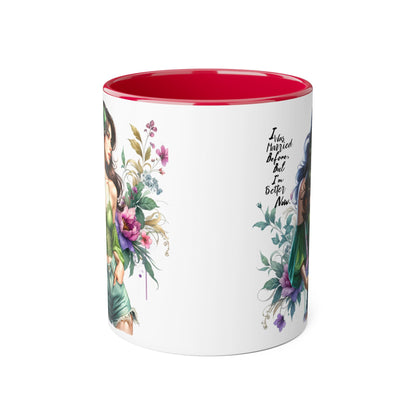 I Was Married Before But I'm Better Now Humoristic Floral Goddess Accent Mug, Inspirational Coffee Cup, Gift for Her, Boho Chic Drinkware, Unique Art Mugs, Home Decor