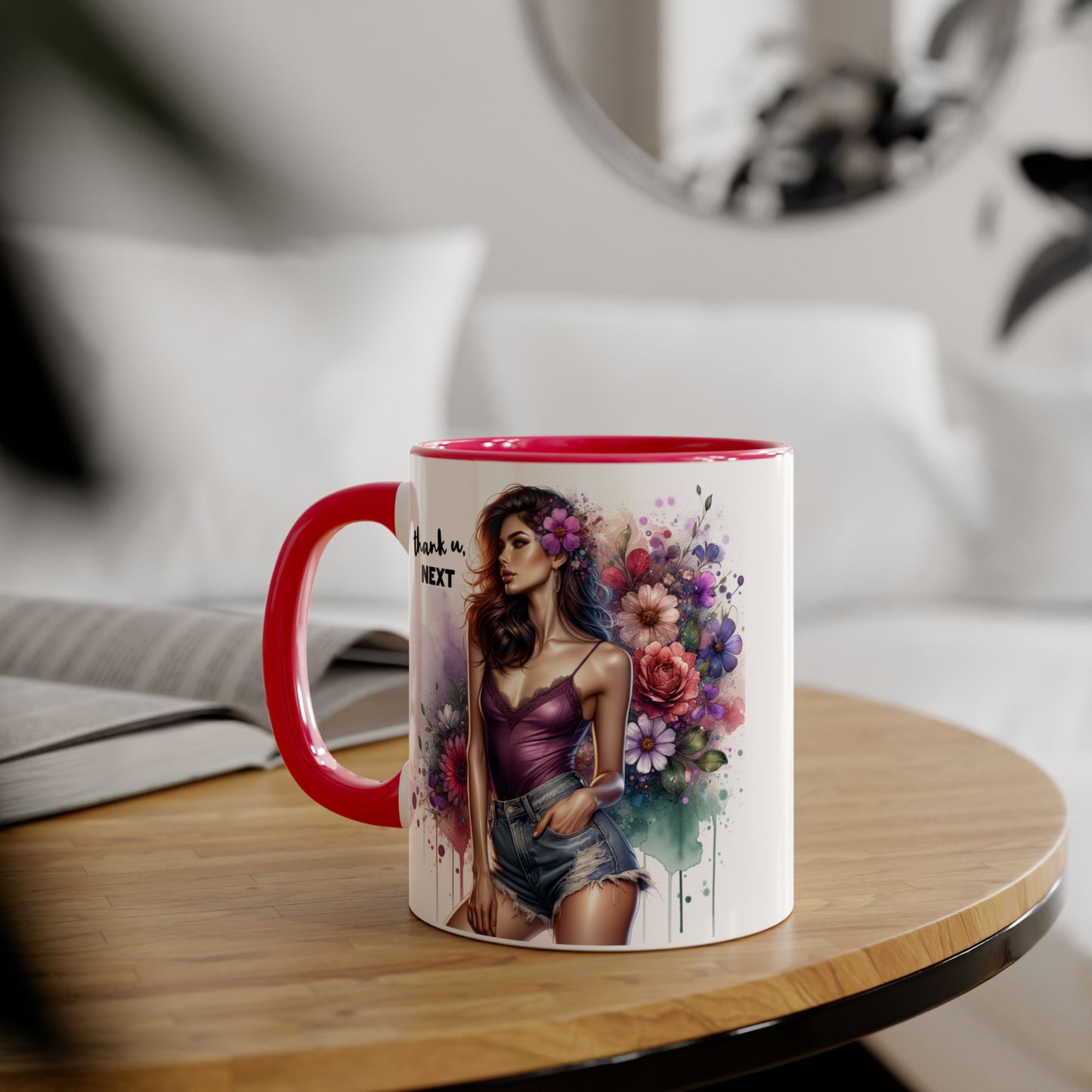 Thank U, Next Floral Accent Coffee Mug with Inspirational Quote, Gift for Her, Tea Mug for Friends, Home Decor, Birthday Present