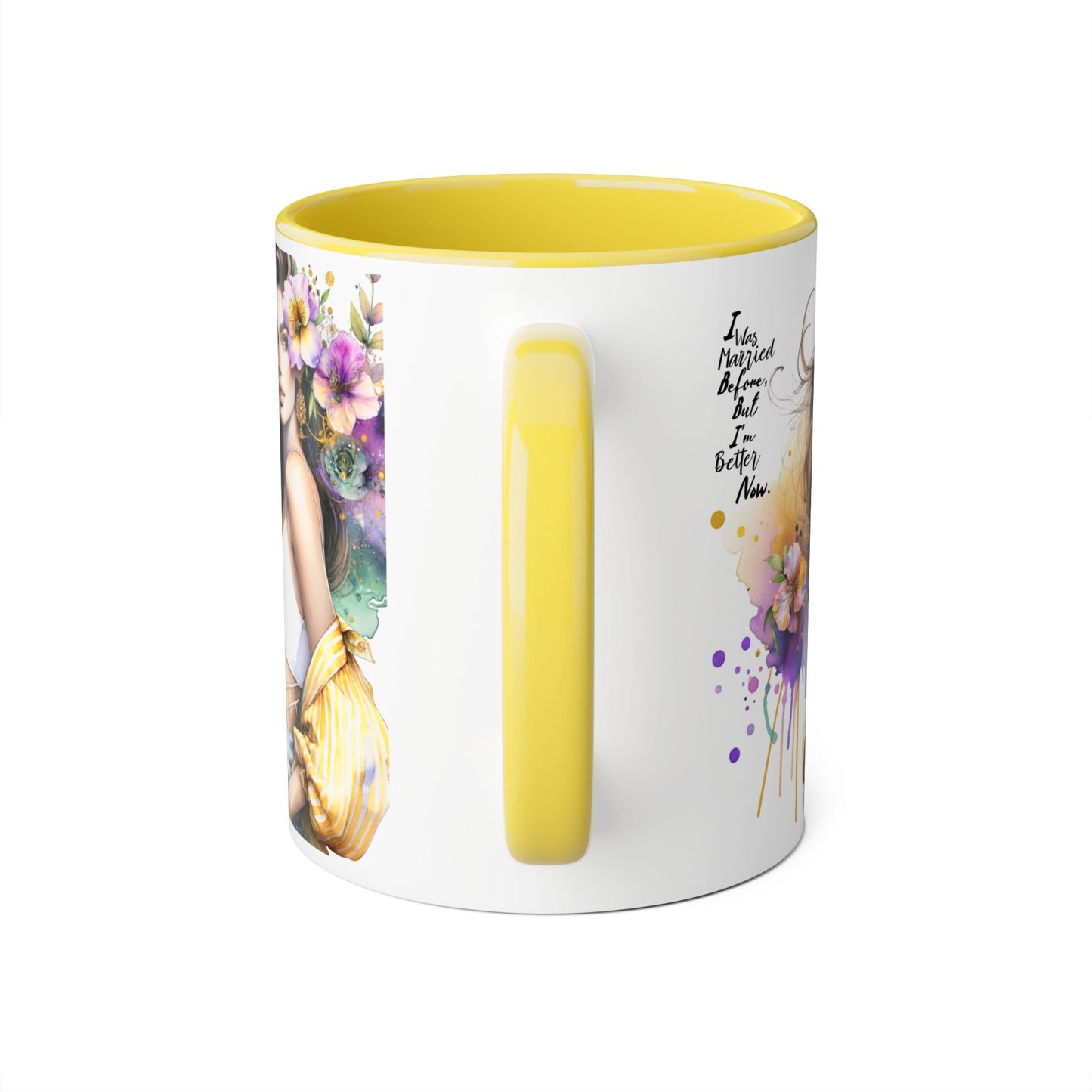 I Was Married Before But I'm Better Now Humoristic Artistic Accent Mug, Coffee Cup for Inspiration, Floral Design, Gift for Friends, Birthday, Home Decor, Motivational Drinkware