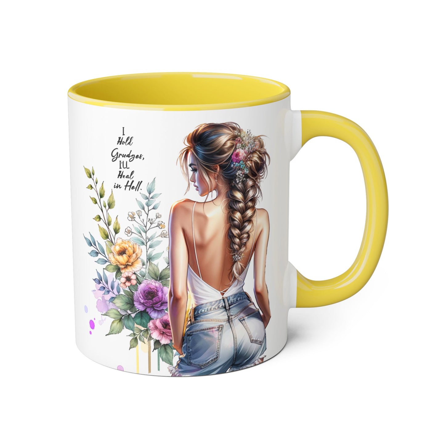 I Hold Grudges, I'll Heal in Hell  Humoristic Floral Back-View Accent Mug, Inspirational Coffee Cup, Perfect Gift for Friends, Mother's Day, Home Decor, Tea Lovers