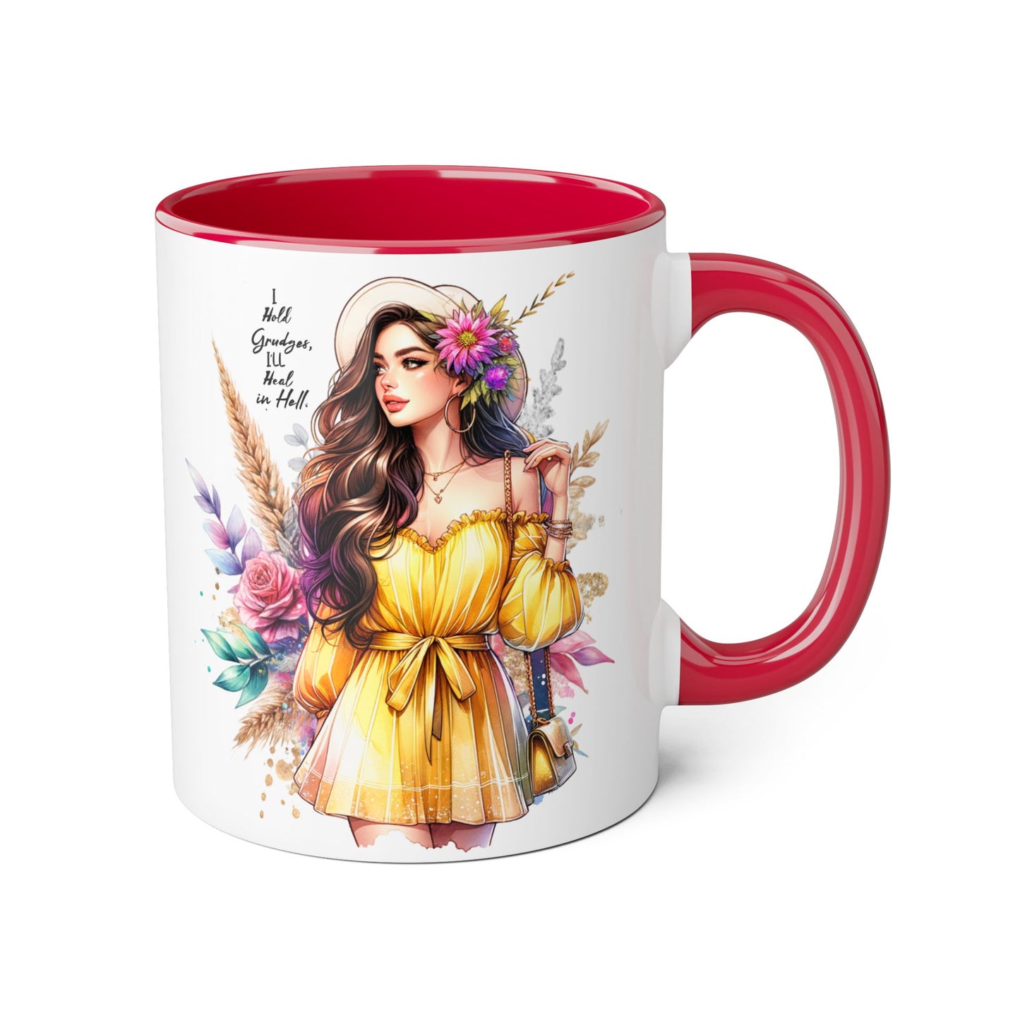 I Hold Grudges, I'll Heal in Hell  Humoristic Bohemian Accent Mug, Colorful Floral Art, Gift for Her, Coffee Lover's Dream, Inspirational Quote