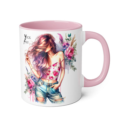 Yuck Fou Stylish Flower Girl Mug, Floral Coffee Cup, Boho Drinkware, Gift for Her, Artful Tea Mug
